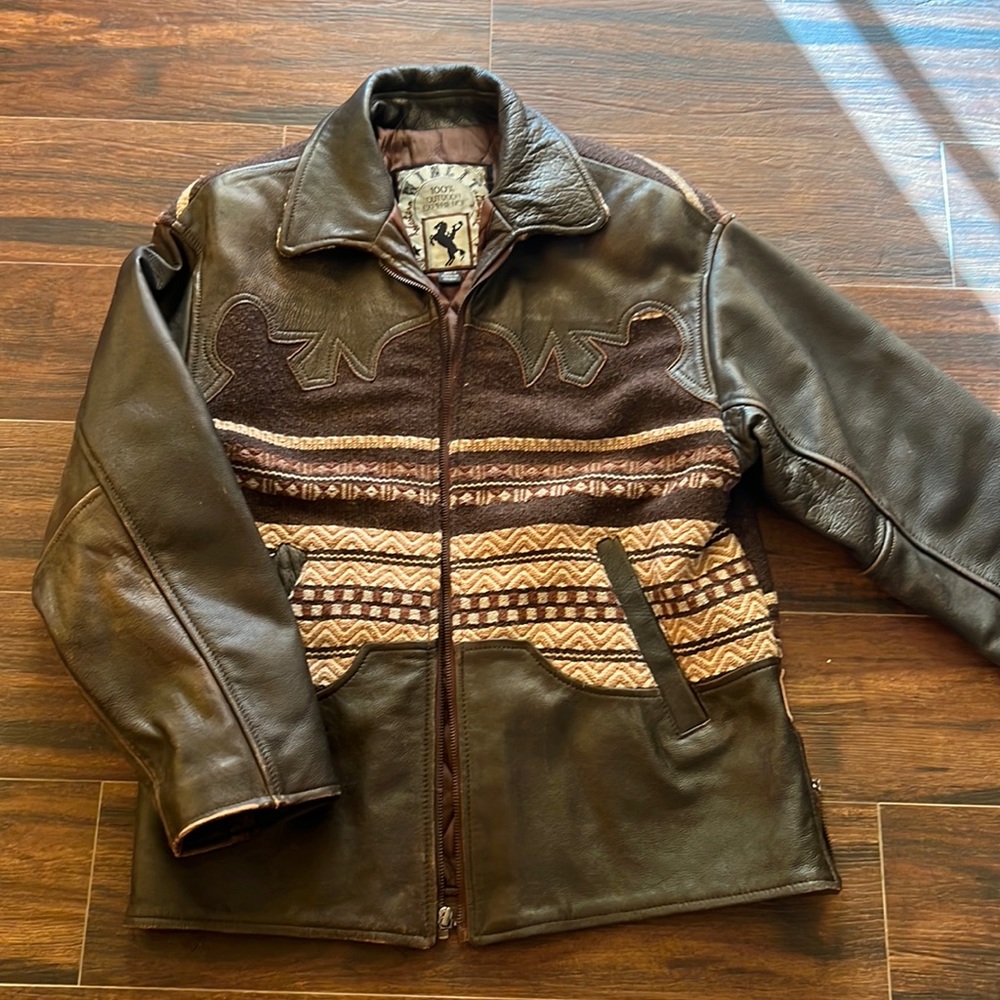Brown leather bomber jacket